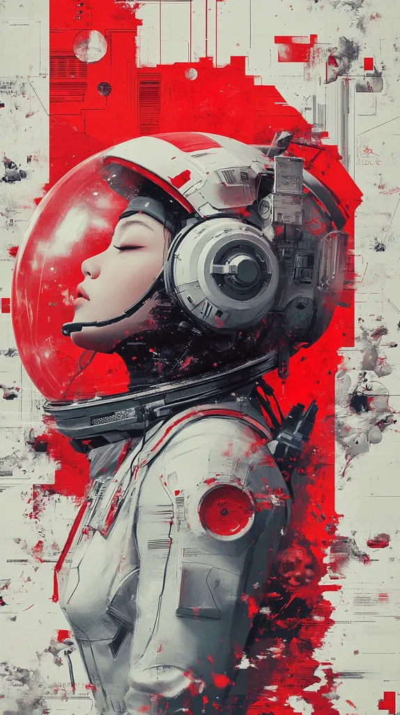 The image depicts a woman wearing a futuristic helmet with a red visor. Her eyes are closed, and her face is serene. The background is a red and white abstract pattern with faded geometric shapes, suggesting a digital or technological environment. The overall tone is one of peace and tranquility amidst a futuristic setting. The image is rendered in a painterly style, with bold lines and contrasting colors, creating a sense of depth and texture.