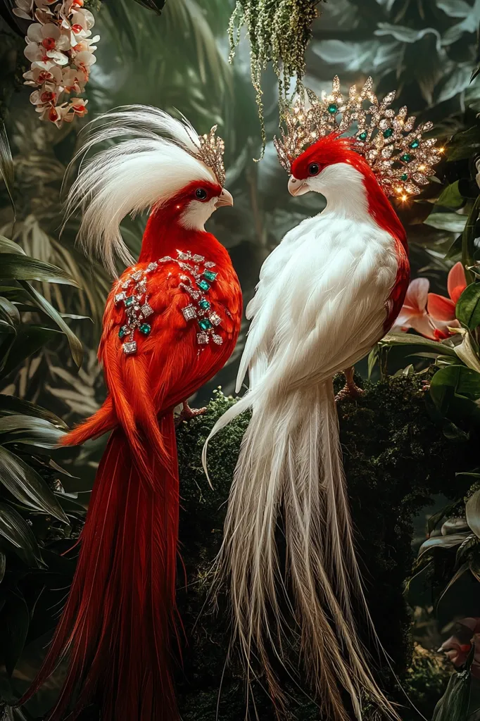 Two birds, one with bright red feathers and the other with white, are perched on a branch in a lush green jungle setting. Both birds have elaborate headpieces adorned with jewels, creating a regal and fantastical look. The red bird’s feathers are a vibrant crimson, while the white bird’s feathers create a contrast of soft, delicate beauty. The image captures a sense of otherworldly elegance and mystique.