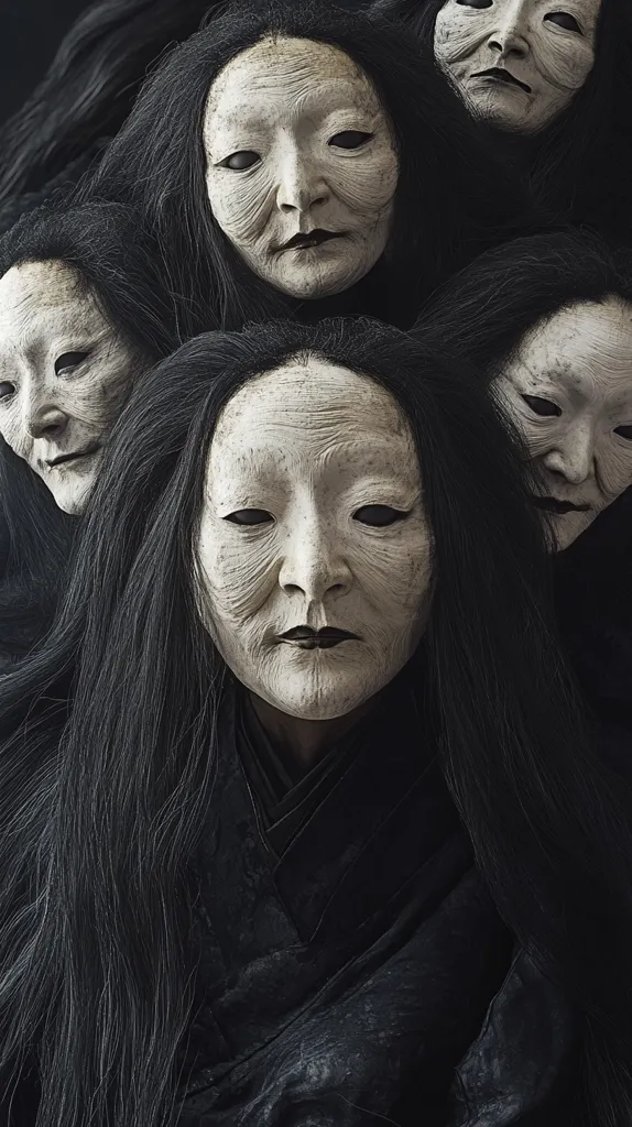 A group of women with long black hair, their faces obscured by white masks with detailed wrinkles and dark, hollow eyes. They are dressed in black clothing, creating a dark and eerie atmosphere. Their expressions are impassive, hinting at a sense of mystery and perhaps even danger. The image suggests a sense of otherworldliness or a ghostly presence.