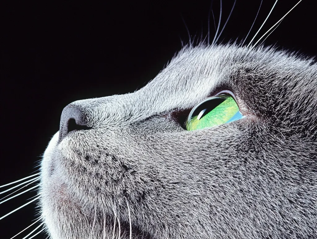 A close-up of a cat's face, with the focus on a single, piercing green eye. The cat's fur is grey and soft, and its whiskers are visible. The background is a dark, blurred shadow. The cat's gaze is directed upwards, creating a sense of curiosity and alertness.