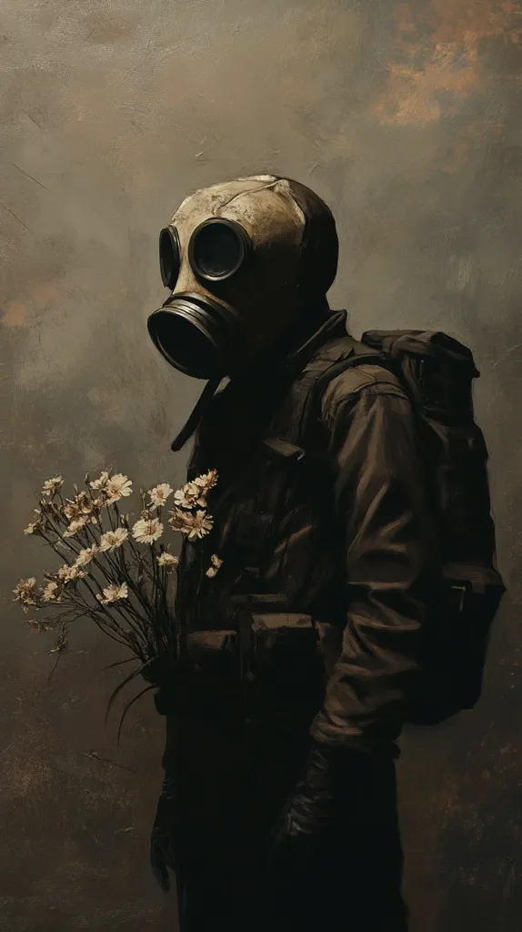 A person in a gas mask and dark clothing stands against a textured background, holding a bouquet of white flowers. The image has a somber, almost melancholic feel, with the person's face obscured and the overall tone muted. The juxtaposition of the flowers and the gas mask creates a stark contrast, suggesting a conflict between beauty and danger.  The person's silhouette is obscured by shadows, adding to the mystery of the scene.