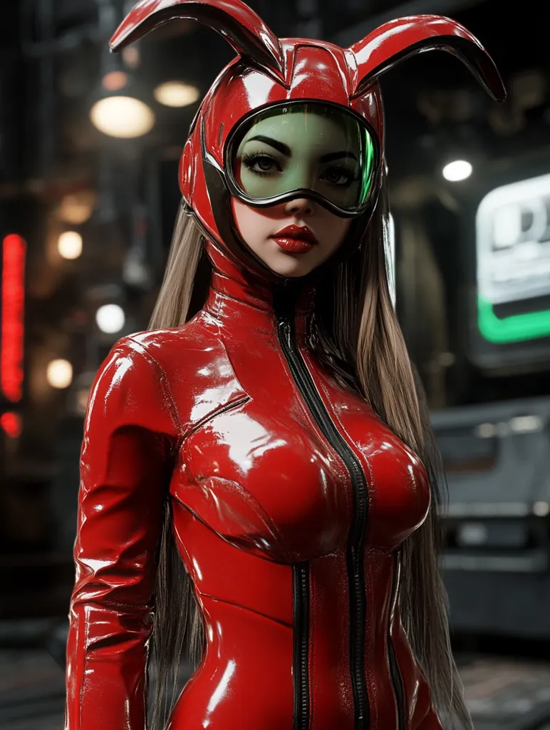 A woman with long black hair is wearing a shiny, red, one-piece outfit with a zipper down the front. The suit features a helmet with large, green goggles, and bunny ears.  She looks directly at the viewer with a serious expression. The background features blurry, industrial-looking elements.