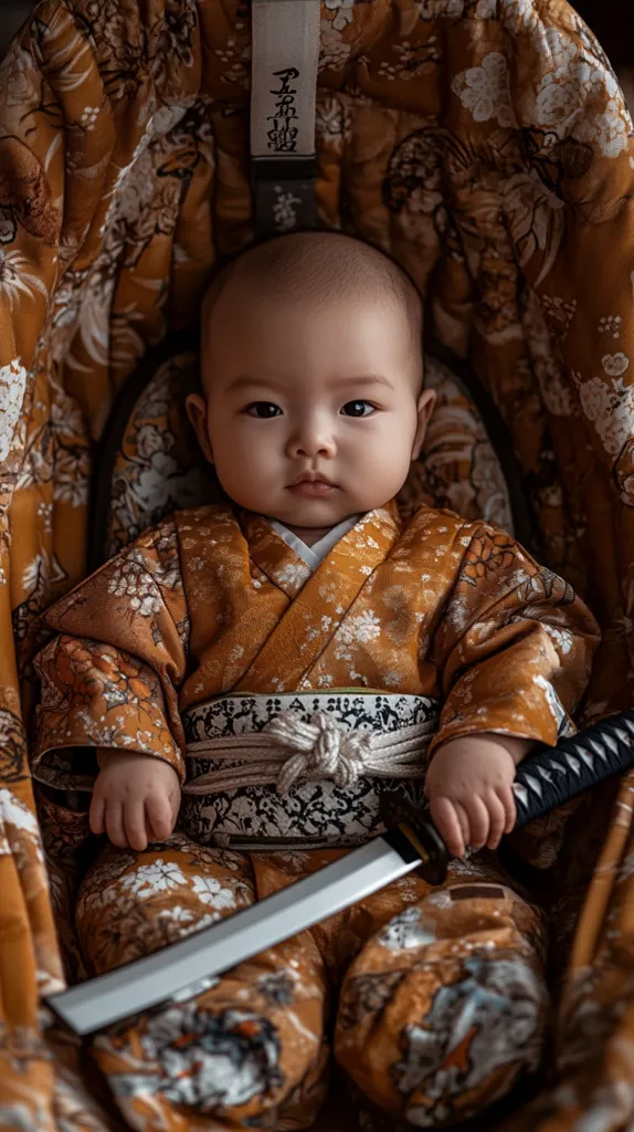 A baby, dressed in a traditional Japanese kimono with a floral pattern, sits in a car seat holding a toy katana sword. The baby's eyes are wide and innocent, and the image captures the juxtaposition of the cute baby and the warrior-like sword. The background is a patterned fabric with an Asian aesthetic. The image is a playful and slightly humorous take on the traditional samurai.