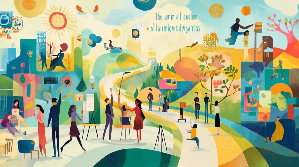 The image is a colorful and whimsical illustration of a community gathered together. There are people of all ages and backgrounds, engaged in various activities, such as painting, playing, and simply enjoying each other's company. The scene is set in a park-like environment, with trees, flowers, and a winding path. The overall tone of the image is one of joy, celebration, and togetherness.