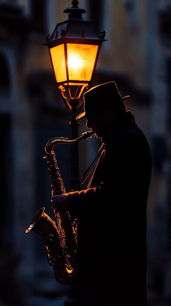 A man in a hat stands in the shadow of a streetlight, holding a saxophone. The light from the lamp casts a warm glow on his face and the instrument, while the rest of the scene is shrouded in darkness. The image evokes a sense of mystery and solitude, perhaps suggesting the loneliness of a street musician or the quiet contemplation of an artist.