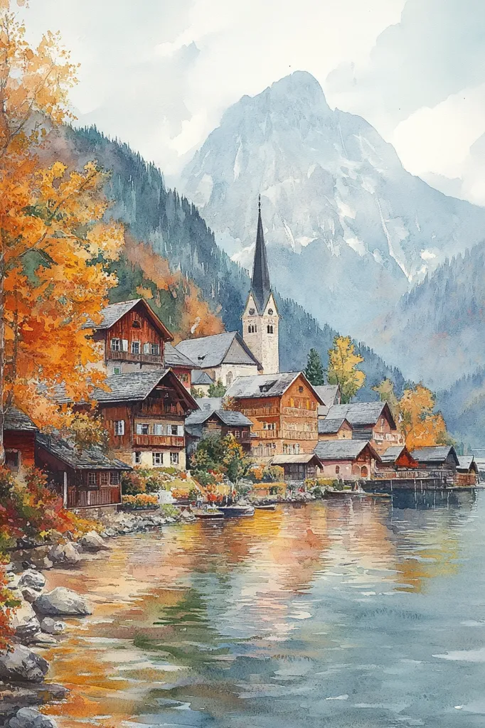 The painting depicts a picturesque village nestled at the foot of a majestic mountain range. A quaint church with a tall spire stands prominently, its steeple piercing the sky. The village is a collection of charming houses, their wooden facades painted in warm hues. Lush greenery and colorful autumn foliage adorn the landscape, adding vibrancy to the scene. A serene lake reflects the sky and the surrounding beauty, creating a tranquil and idyllic atmosphere. The watercolor style adds a touch of softness and ethereal beauty to the image.