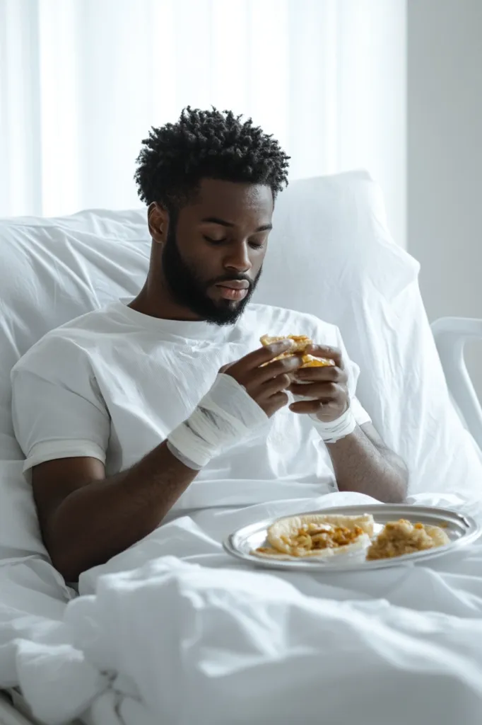 A young Black man with a bandage on his wrist sits in a hospital bed, eating a sandwich. He is wearing a white hospital gown and is surrounded by white sheets. His expression is serious, but he seems to be enjoying his meal. A tray of food sits beside him, suggesting a hospital stay. The image conveys a sense of quiet contemplation and a desire for normalcy even in a medical setting.