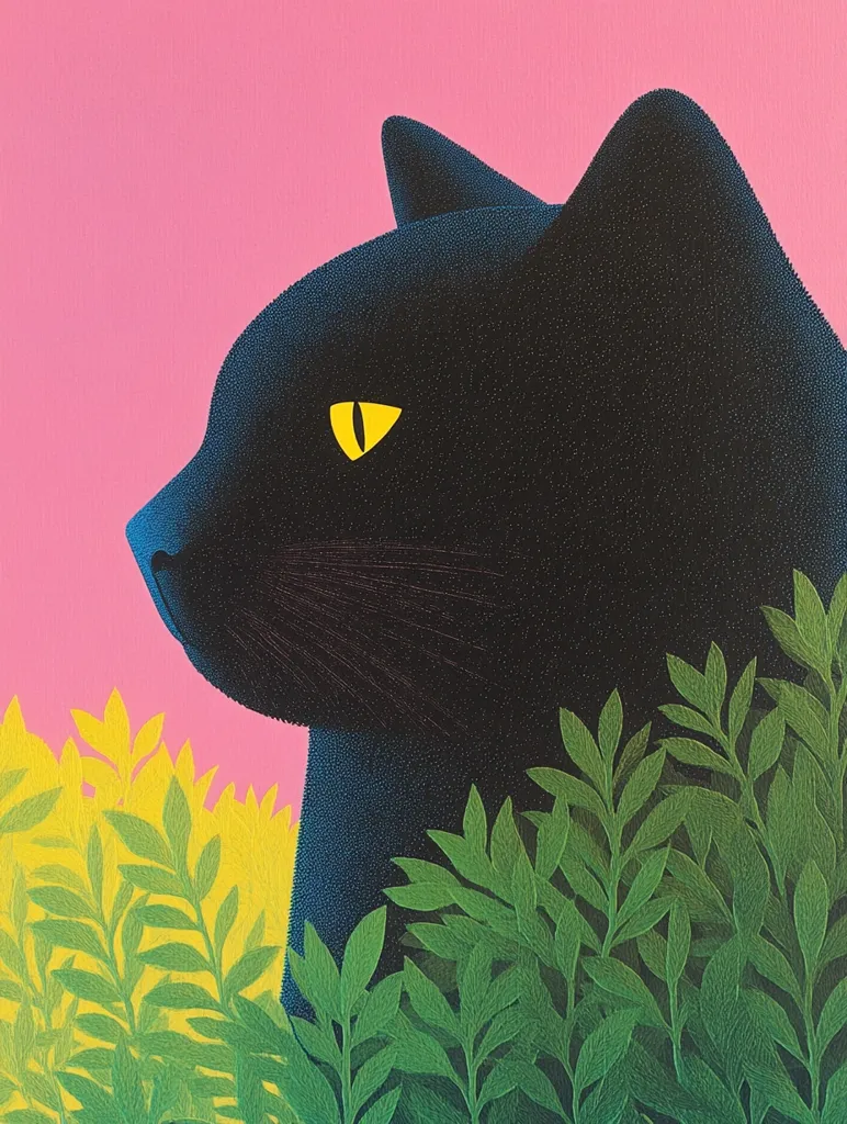 A black cat with bright yellow eyes is partially obscured by green foliage. The cat's profile is turned away from the viewer, and its body is mostly hidden in the dense greenery. The background is a soft pink color. The image is reminiscent of a minimalist illustration.