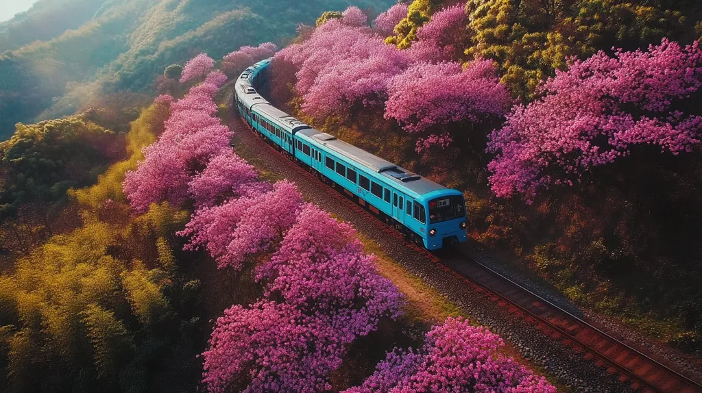 An aerial view of a train traveling through a lush forest.  The train is a bright blue and contrasts with the vibrant pink blossoms of the trees lining the tracks.  The sunlight glints off the train's windows, creating a sense of movement and tranquility.  The image is a breathtaking example of the beauty found in nature.