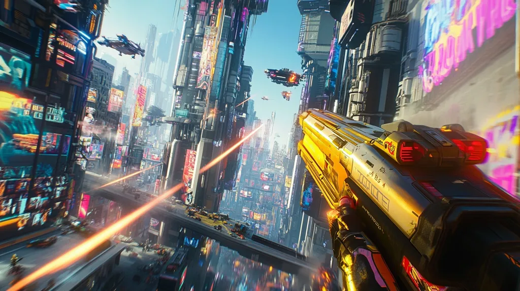 The image depicts a futuristic cityscape with towering buildings and neon lights. A golden gun dominates the foreground, with laser beams shooting across the scene. The image feels chaotic and fast-paced, capturing a moment of intense action.  The use of vibrant colors and high-tech details creates a sense of wonder and excitement.
