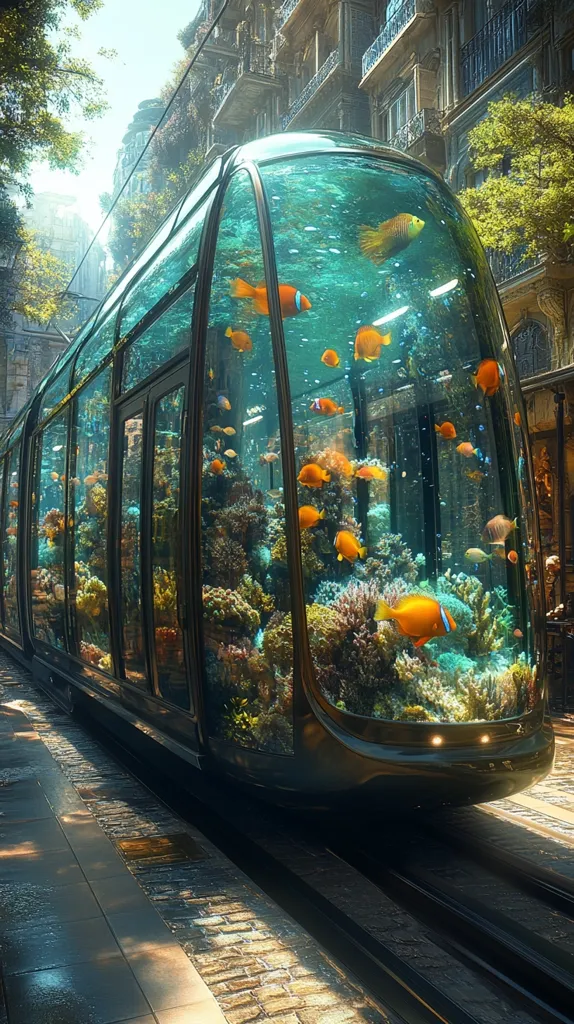 A futuristic tram, built like a giant aquarium, traverses a cobblestone street lined with buildings. Its windows display a vibrant underwater scene filled with colorful fish, coral reefs, and shimmering water. The tram blends seamlessly with the city, showcasing a harmonious fusion of nature and urban life. The sun casts long shadows, highlighting the detail of the tram's exterior and the cobblestone path.