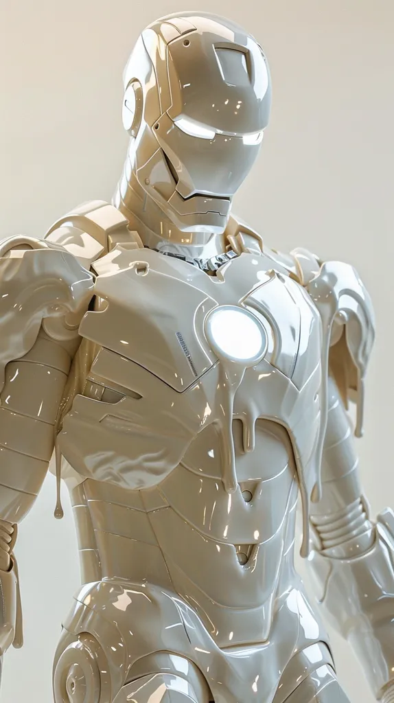 A white, humanoid robot stands in a white room. It is designed to look like Iron Man, but the material is smooth and glossy, making it look like it is made of liquid metal. The robot's face is visible through the helmet, and the eyes are glowing. The chestplate is  has a smooth surface, and the outline of the arc reactor is visible. The image is a 3D illustration.