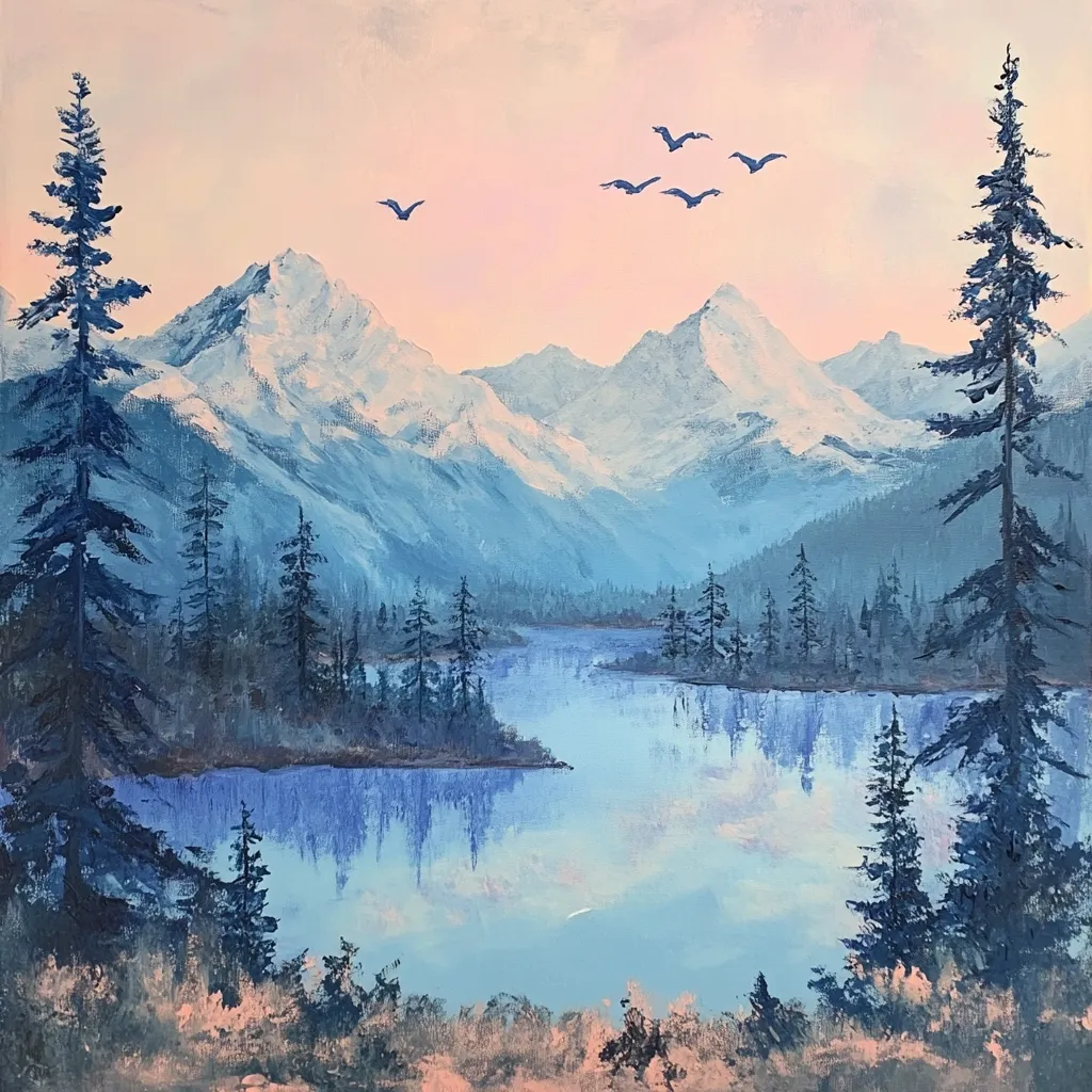 A serene landscape painting depicts a tranquil lake nestled amidst a majestic mountain range. The sky is a soft pink, with a few birds flying overhead. Tall, dark green pine trees frame the scene on both sides, creating a sense of depth and mystery. The lake's surface reflects the surrounding mountains and sky, adding to the peaceful atmosphere.  The painting evokes a feeling of tranquility and beauty, inviting the viewer to imagine a moment of solitude in nature.