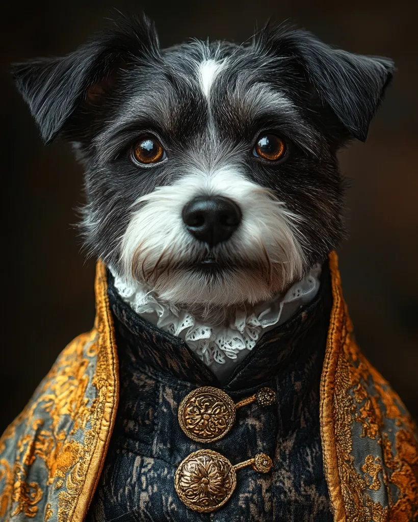 A small black and white dog with a serious expression is dressed in a black and gold royal outfit. The dog has a white collar and is wearing a long coat with gold buttons. The image is a humorous take on royalty and pets.  It's a portrait of a dog dressed like a king.  The dog's facial expression is intense, which makes the image even more funny.