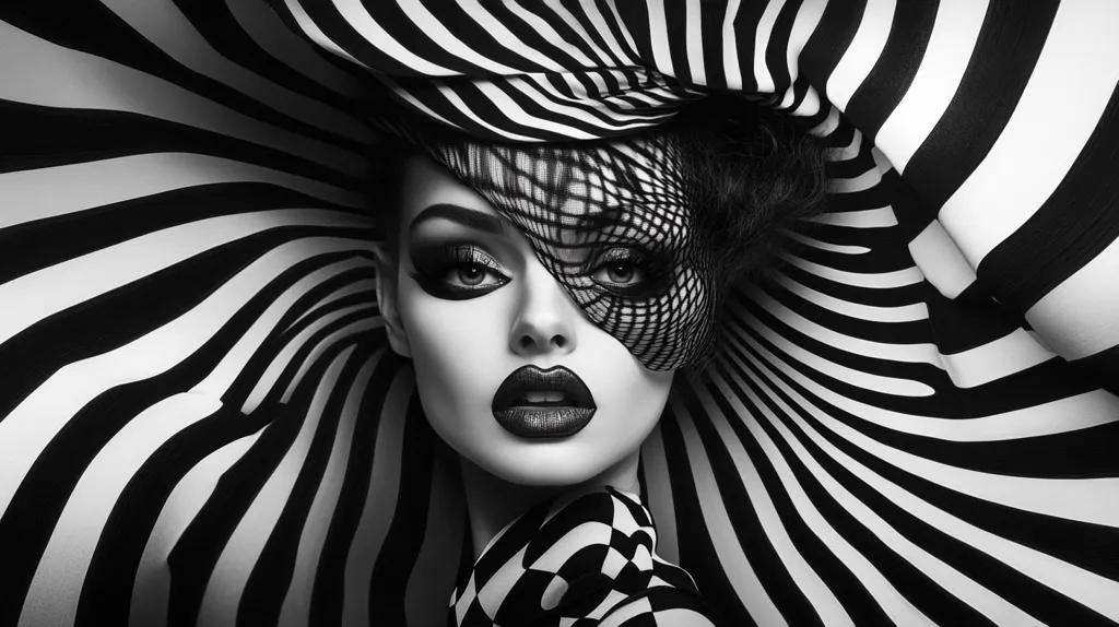 The image shows a woman's face in black and white. Her eye is partially covered with a black net and her lips are painted a dark red. She is surrounded by a black and white striped background that creates a swirling, hypnotic effect. The image has a dramatic and mysterious feel.