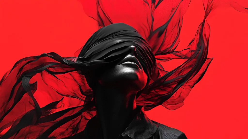 A person with a black face and black fabric over their eyes is surrounded by black fabric, which appears to be flowing in the wind. The background is bright red. The image has a dramatic and mysterious feel, possibly conveying a sense of blindness or being lost.