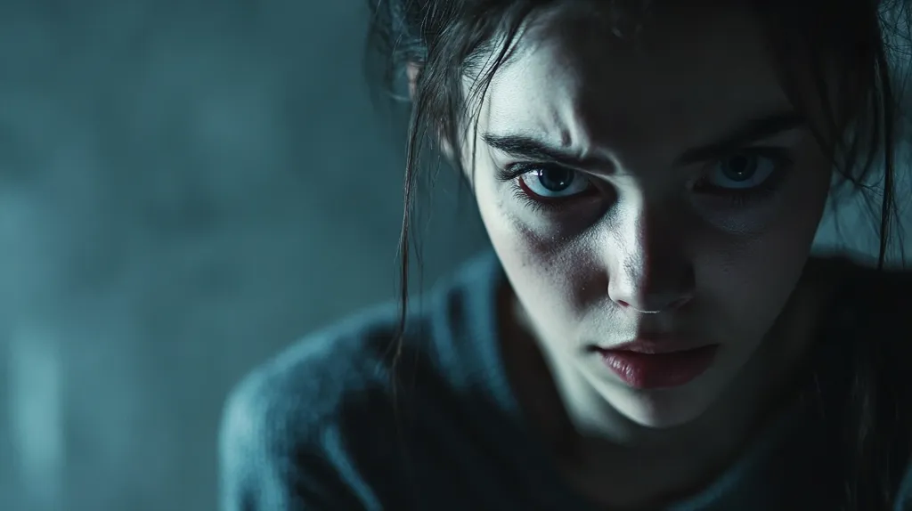 The image is a close-up of a young woman's face. Her eyes are wide open and she has a look of fear or anger. Her brow is furrowed and her mouth is slightly open, as if she is about to speak. The lighting is dim and the background is out of focus. The overall mood of the image is tense and unsettling.