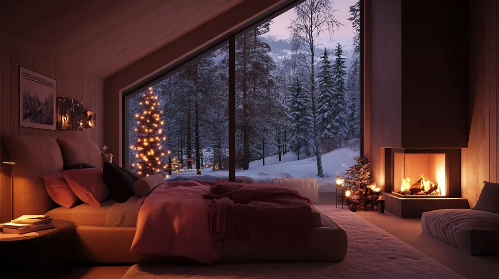 The image depicts a cozy bedroom with a large window overlooking a snowy forest. A Christmas tree stands outside, illuminated by twinkling lights. Inside, a bed is made with plush bedding and pillows, and a fireplace crackles with warmth. The room is bathed in the soft glow of the fireplace and string lights. The overall atmosphere is inviting and tranquil.