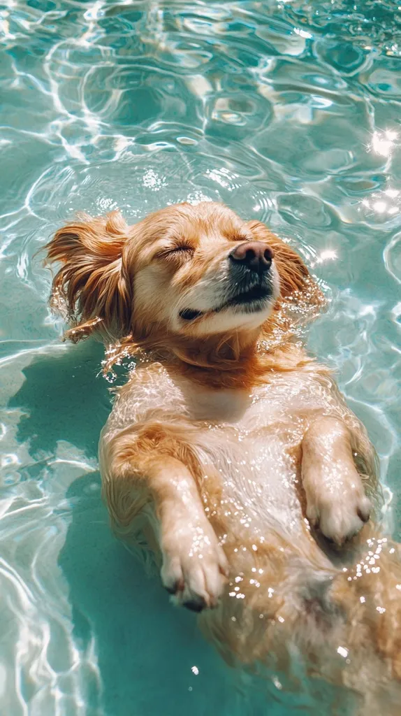 A golden retriever dog floats in a pool of clear blue water. It has its eyes closed and appears to be relaxing. The dog's fur is wet and glistening in the sunlight.  The dog's paws are outstretched, and its body is perfectly still, enjoying the cool water.  The water sparkles and reflects the sunlight.