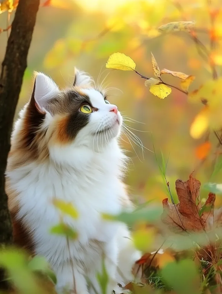 A fluffy white and brown cat with green eyes looks up at a yellow leaf on a branch. The cat is surrounded by autumn foliage, creating a warm and inviting scene.  The cat's fur is soft and fluffy, and its eyes are wide with curiosity. The image captures a moment of tranquility and beauty in nature.