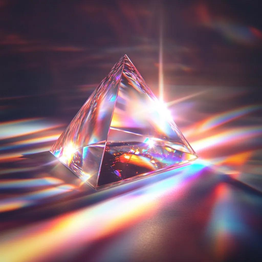 A glass pyramid sits on a surface, casting an array of iridescent rainbows across the background. The pyramid's smooth, clear facets reflect the light, creating a kaleidoscope of colors that dance and shimmer. The image captures the beauty and intricate play of light through a simple, yet elegant, form.