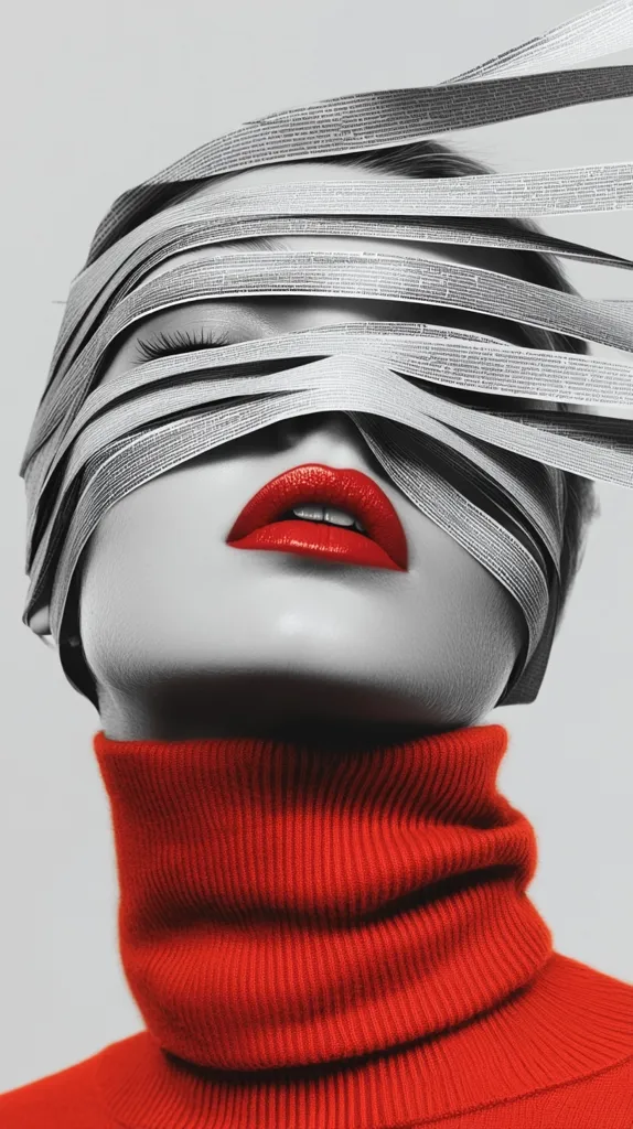 A woman's face is covered in strips of what appears to be paper.  Her eyes are closed and her lips are a bold red.  The rest of the photo is in black and white, creating a strong contrast.  She is wearing a red turtleneck sweater.