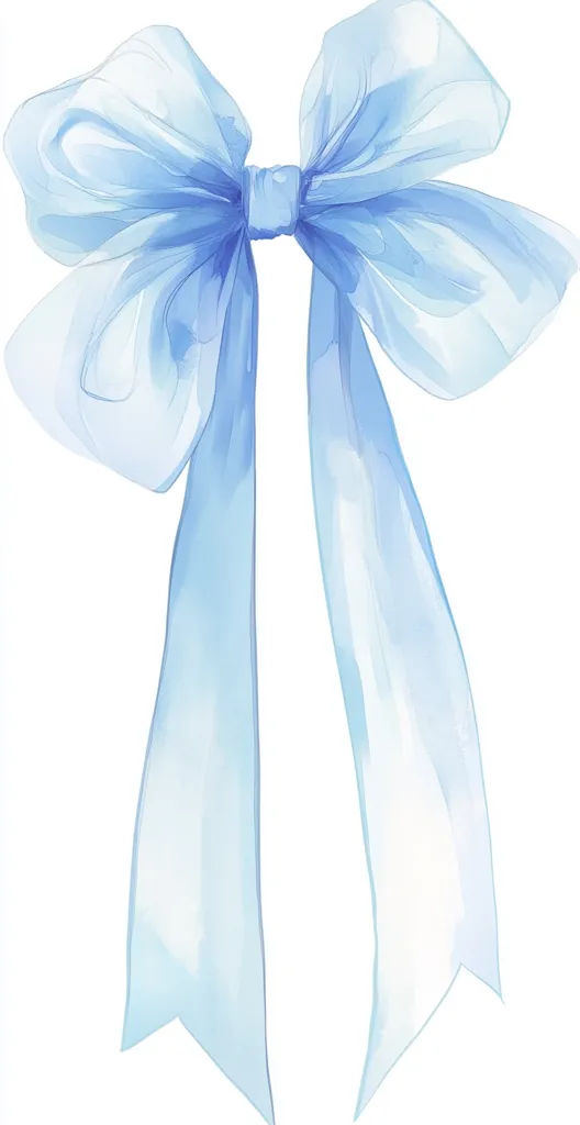 The image depicts a watercolor rendering of a light blue bow. The bow is made of sheer fabric and has a large, flowing center with two long tails that extend downwards. The bow appears soft and delicate, with a gentle, watercolor-like texture. The background is white, allowing the bow to stand out clearly. The overall impression is one of elegance and simplicity.