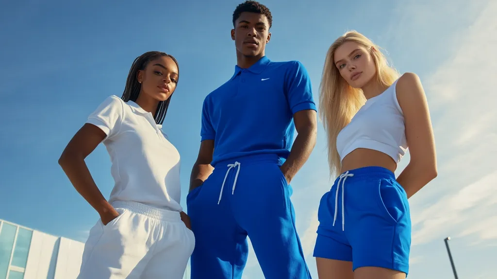 Three young people are standing in a row against a blue sky. They are wearing blue and white athletic wear. The woman on the left is wearing white shorts and a polo shirt. The man in the middle is wearing blue sweatpants and a polo shirt. The woman on the right is wearing blue shorts and a tank top. They are all looking at the camera.