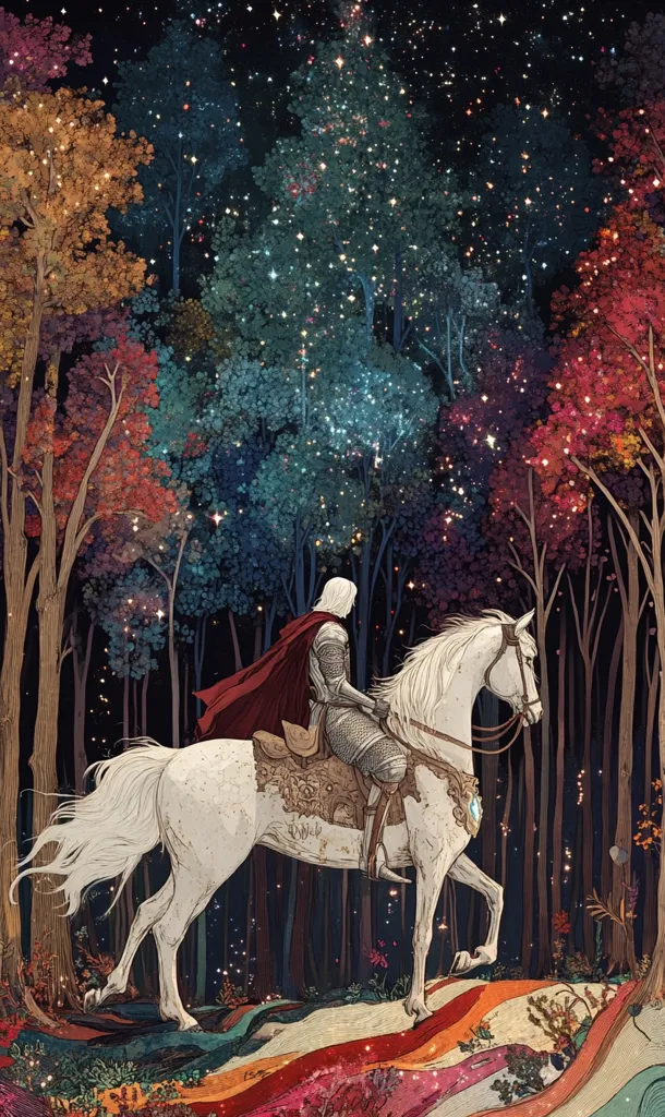 A lone knight in silver armor rides a white steed through a magical forest. The forest is illuminated by a twinkling sky filled with stars, and the trees have vibrant, almost iridescent leaves. The knight is cloaked in red and is looking ahead as he traverses the mystical path. The ground is covered in a carpet of colorful foliage. The scene evokes a sense of wonder and adventure.