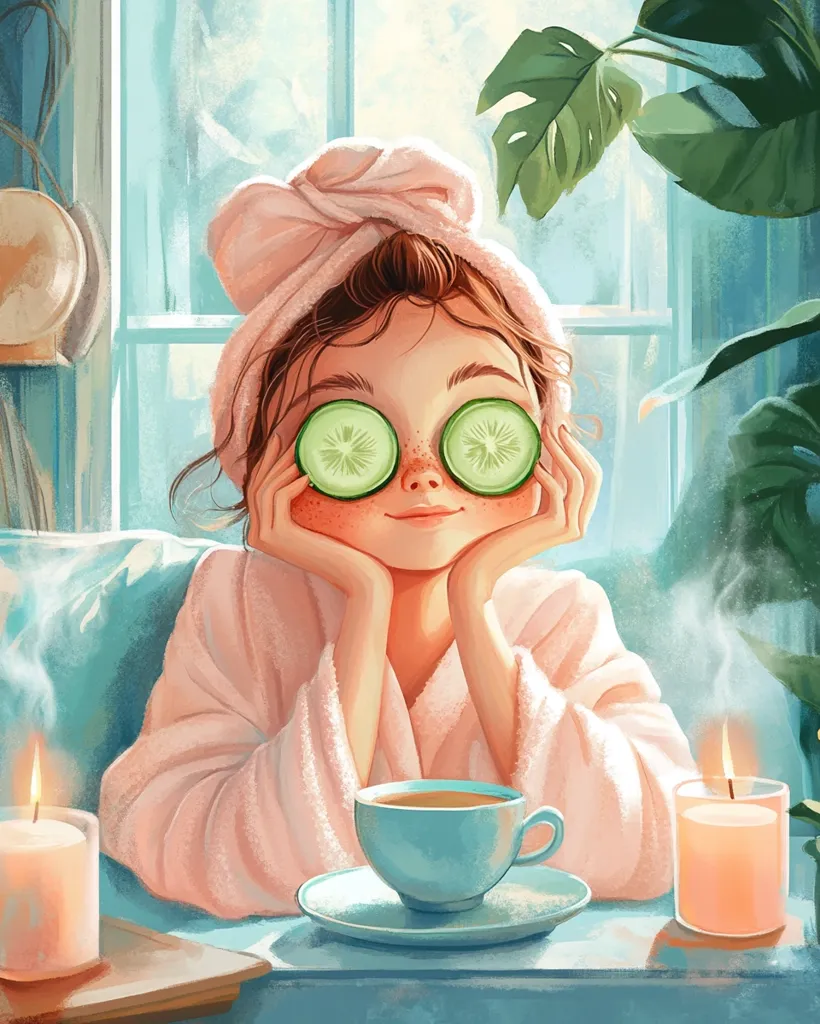A cartoon girl, wearing a pink robe and a towel on her head, has cucumber slices over her eyes and is relaxing with a cup of tea and a lit candle. She is sitting on a couch in front of a window with a plant. The image is colorful and whimsical.