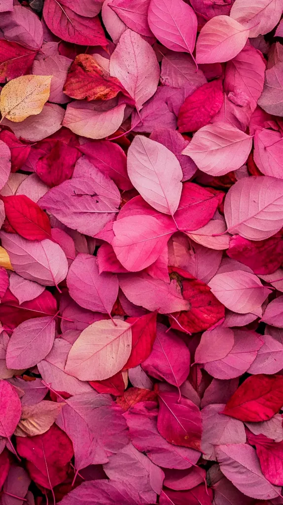 A close-up shot of a ground covered in pink and red fallen leaves. The leaves are various shapes and sizes, creating a beautiful, colorful, and textured surface. The image evokes a sense of autumn and the beauty of nature's cycle.