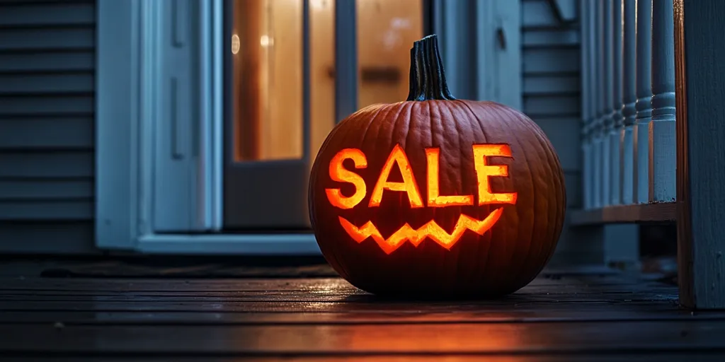 A carved pumpkin sits on a wooden porch, illuminated by a light inside. The pumpkin has been carved with the word "SALE" in bold letters and a jagged smile beneath. The pumpkin is in focus, with the rest of the porch blurred in the background. The image conveys a playful and festive atmosphere.