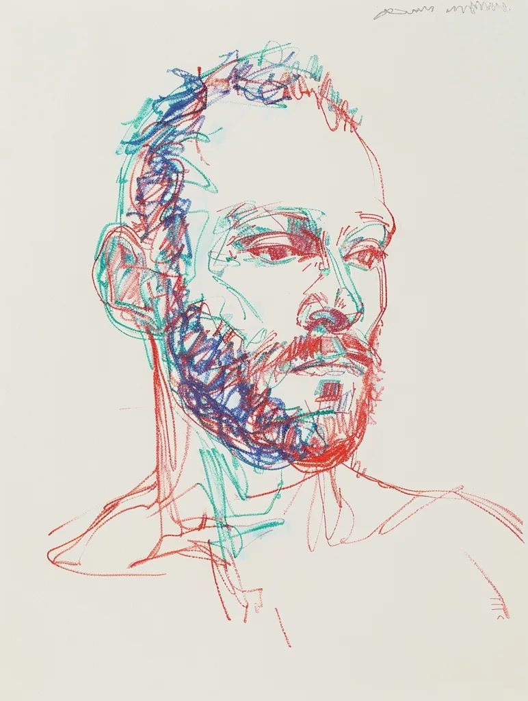 A line drawing of a man's head and shoulders, rendered in red, blue, and green. The lines are thick and expressive, creating a sense of depth and movement. The man's face is partially obscured by his hair, but his intense gaze is visible. The drawing has a raw and energetic quality, suggesting that it was created quickly and spontaneously.