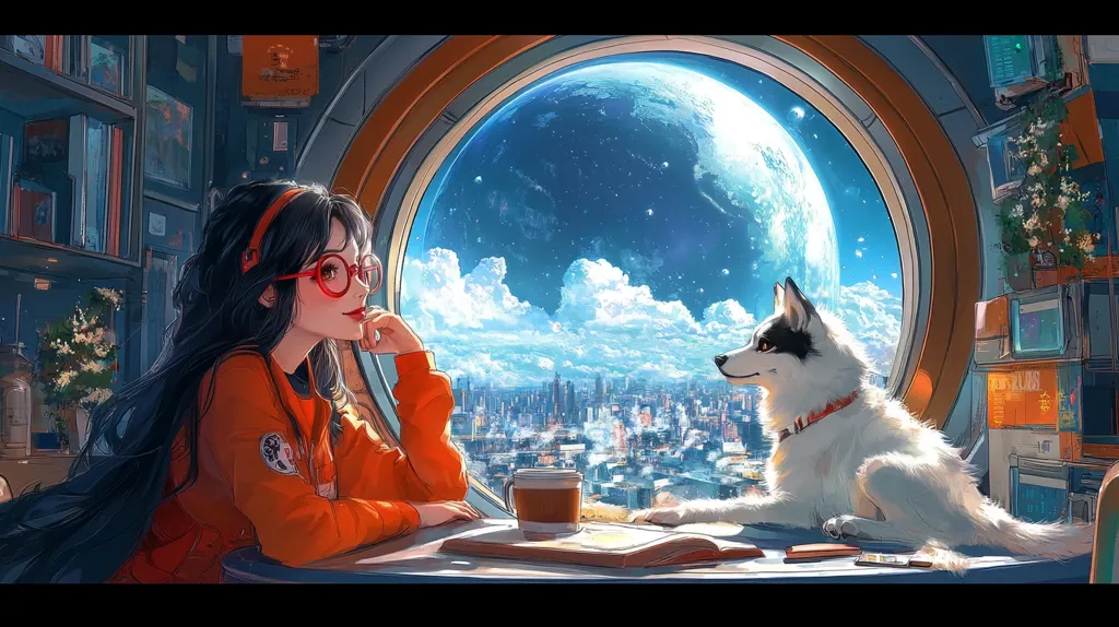 A young woman with long black hair and red glasses sits at a table next to a white dog. She is looking out of a large window at a futuristic cityscape and a large, blue planet in the distance. The room is filled with bookshelves and has a cozy and inviting atmosphere.  The scene is full of wonder and possibility, suggesting a sense of adventure and exploration.