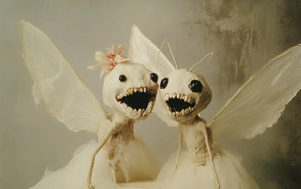 Two skeletal figures with large, black eyes and toothy grins are depicted as a bride and groom. They have delicate, translucent wings and are adorned with white fabric. The image has a whimsical and slightly unsettling tone.  The figures appear to be made from paper mache or a similar material.