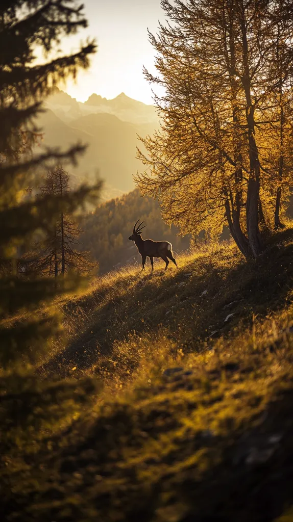 A lone deer stands in a grassy field, silhouetted against a backdrop of mountains and trees. The sun shines through the branches of the trees, creating a golden glow over the scene. The deer's antlers are visible, and its body is elongated and slender, with a long tail. The image conveys a sense of peace and tranquility, with the deer standing in a serene and natural setting.