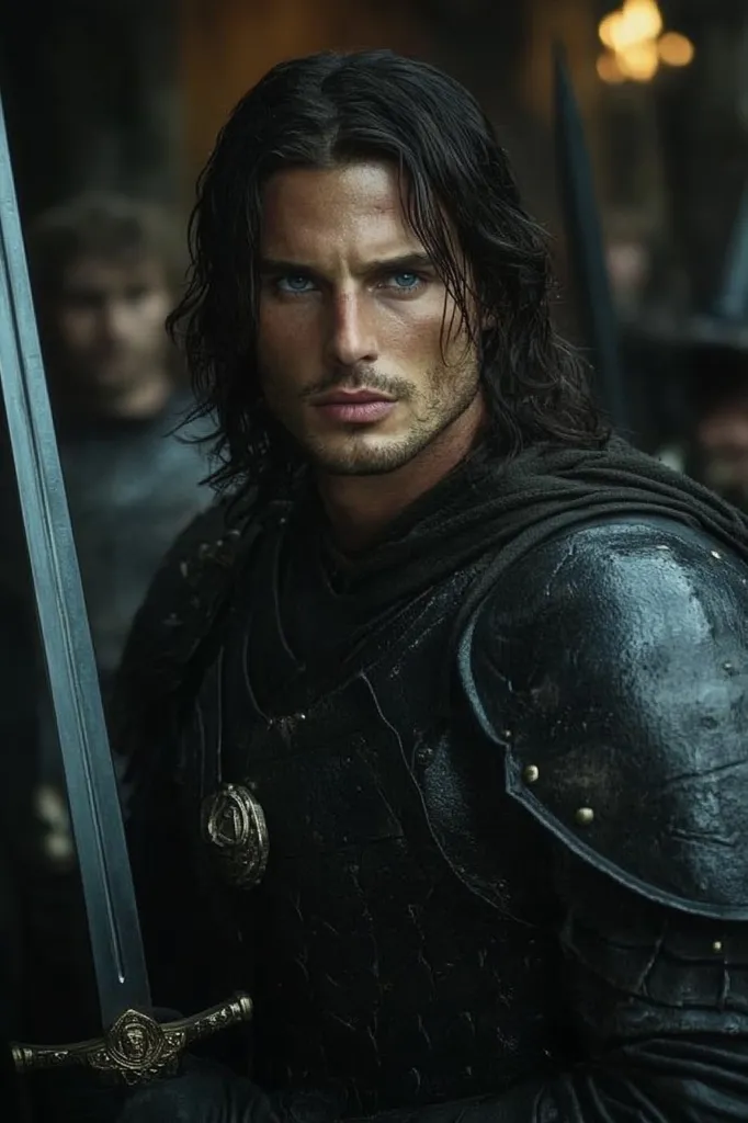 A man with long dark hair and piercing blue eyes stands with a sword in front of him. He wears black armor and a dark cloak, with a serious expression on his face. His gaze is intense, suggesting a warrior ready for battle. The lighting is dramatic, casting shadows across his face and enhancing his features. The background is blurred, emphasizing the subject. The image has a dark, brooding atmosphere, fitting for a heroic or fantasy setting.