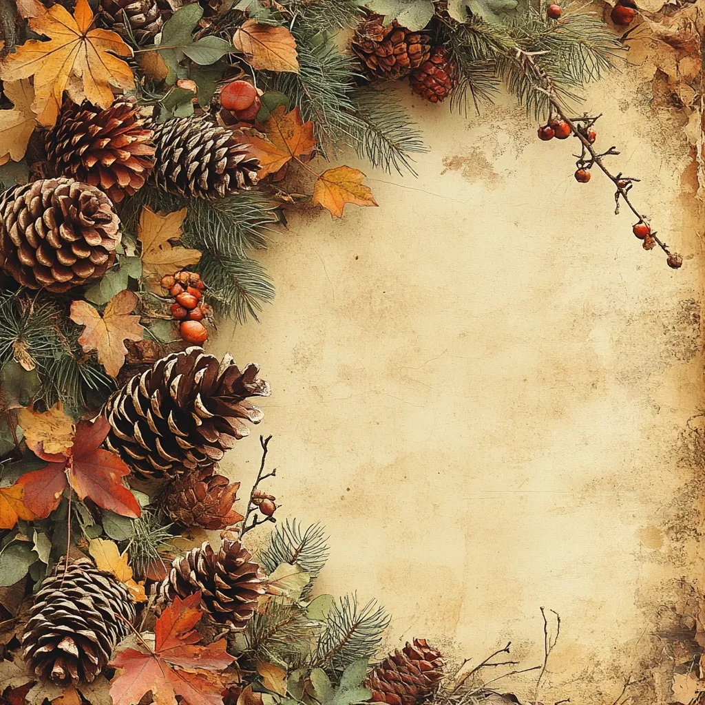 The image is a vintage-style border of pine branches, cones, and leaves on a textured, off-white background.  The border is primarily on the left side, leaving a large empty space in the center for text or a design. The colors are muted browns, greens, and reds, suggesting an autumnal feel.