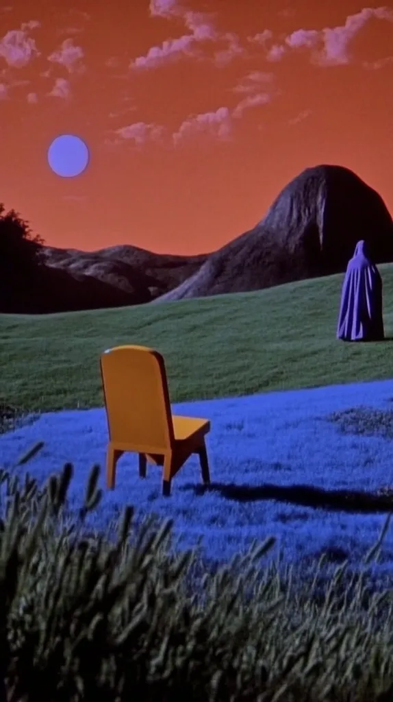 The image shows a single yellow chair in a field, facing a large, dark hill. A lone figure in a purple robe walks away from the chair.  The sky is a vibrant orange with a round, pale blue moon visible. The field is a deep blue color, giving the image an otherworldly feel.  The image evokes a sense of isolation and mystery.