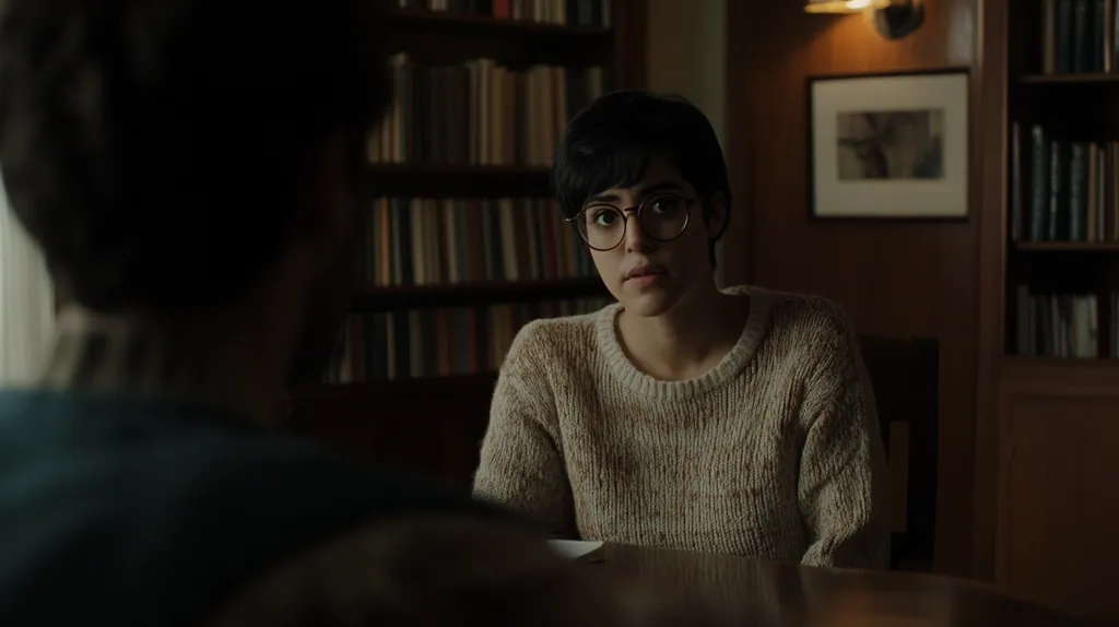 A young woman with short dark hair and glasses sits at a table, wearing a beige sweater. She looks thoughtfully at someone off-camera.  A bookcase filled with books is behind her. The scene is dimly lit, creating a somber and contemplative atmosphere.
