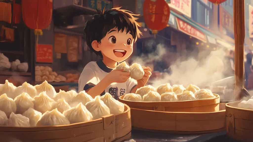 A young boy with a cheerful smile stands in a bustling street market, holding two steamed buns. He is surrounded by baskets filled with steaming, fluffy buns, hinting at the delicious smells of a food stall. The vibrant, detailed art style creates a warm and inviting atmosphere, capturing the lively energy of a bustling market. The image evokes a sense of cultural immersion and deliciousness.