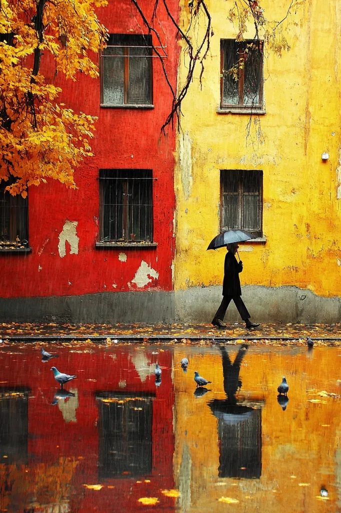 A man with an umbrella walks along a wet street in front of a bright red and yellow building. Fall leaves litter the ground and the buildings reflect in the puddles. The man is silhouetted against the bright colors of the buildings. The scene is both colorful and peaceful.