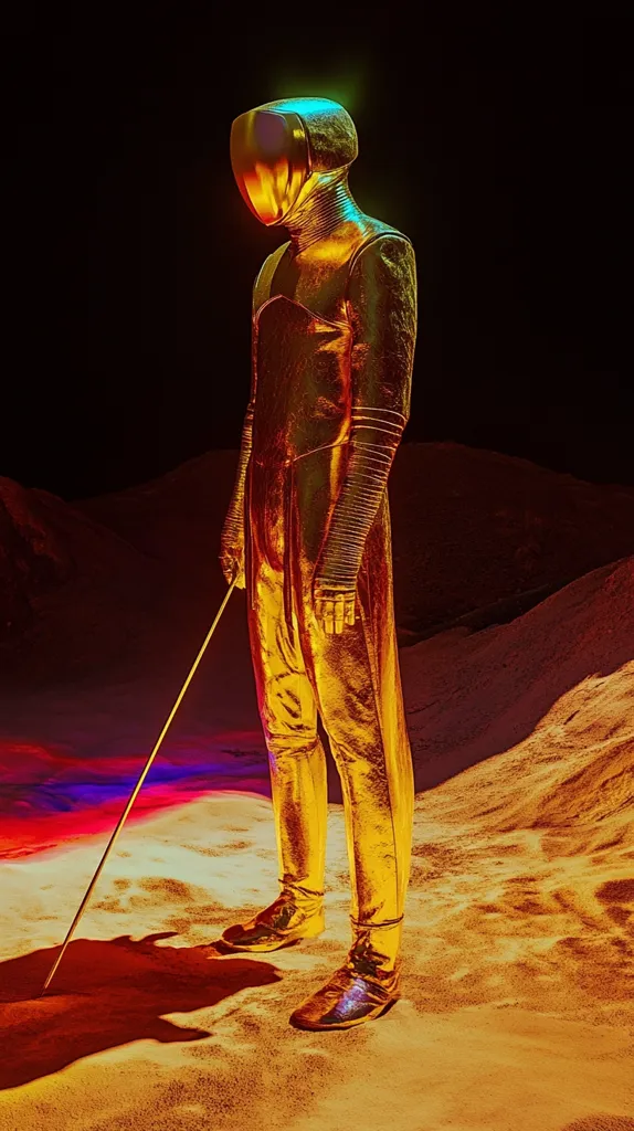 A figure in a gold spacesuit stands on a sandy, desert-like landscape. The suit is detailed and textured, with a helmet that is slightly tilted. The figure holds a long, slender staff, and the ground is illuminated by a warm, reddish glow. The scene has a futuristic and enigmatic atmosphere.