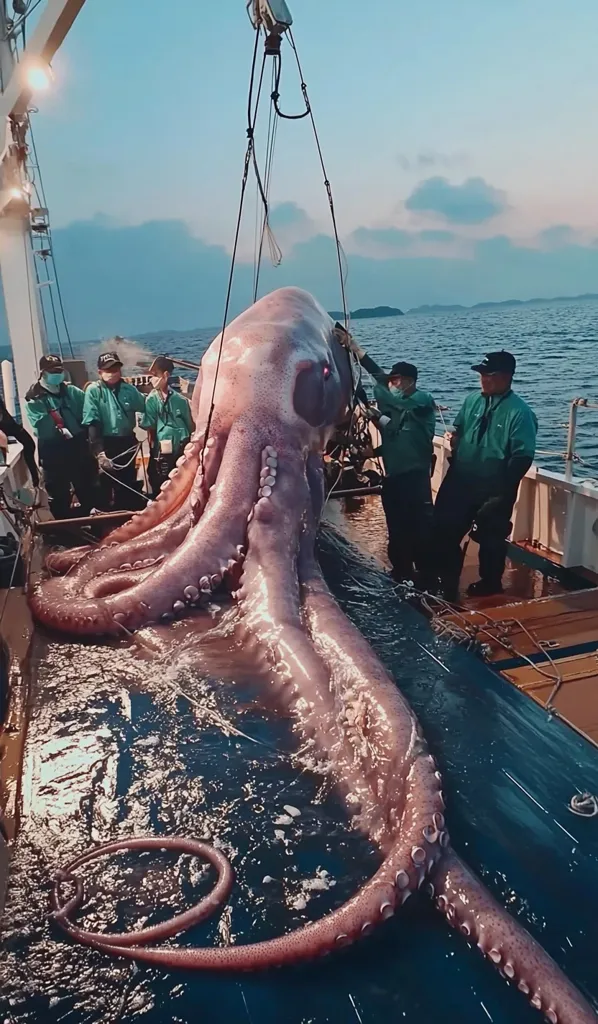 A giant squid, caught by fishermen, lies on the deck of a boat.  The squid is massive, with long, thick tentacles and suckers.  The men on the boat are dwarfed by the size of the creature.  They wear masks and look serious as they work with the squid.  The sky is blue and the water is choppy.  The image is a rare glimpse of a creature rarely seen alive.  The scene is both awe-inspiring and a little bit eerie.