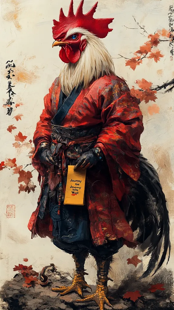 A rooster with a red comb and wattle is dressed in a red and black samurai outfit. It holds a scroll that reads "Journey to the West" in its gloved hand. The rooster stands on a rocky surface with autumn leaves scattered around. The background is a faded watercolor wash of autumn colors. The image is likely a playful interpretation of the classic Chinese novel, Journey to the West.