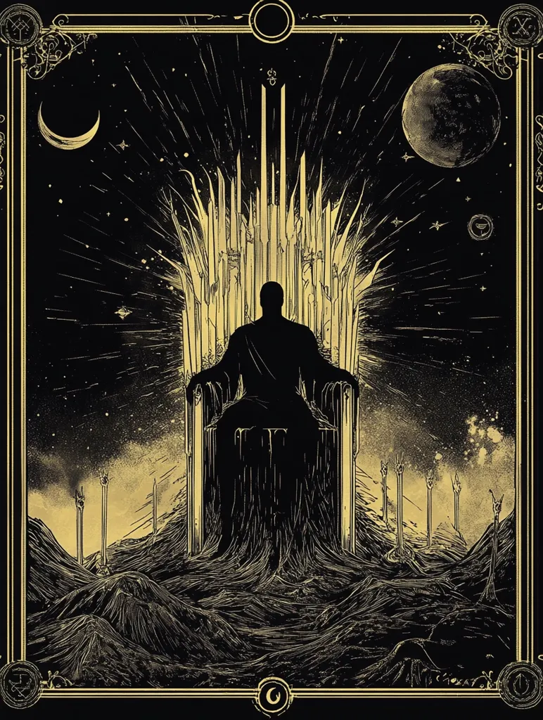 A dark, dramatic image of a lone figure sitting on a throne made of swords, surrounded by a swirling vortex of darkness. The throne is set against a backdrop of a starry night sky, with a crescent moon and other celestial bodies visible. The figure's face is obscured by the shadows, adding to the sense of mystery and power. The image is framed by a ornate gold border, adding to the regal and imposing atmosphere.