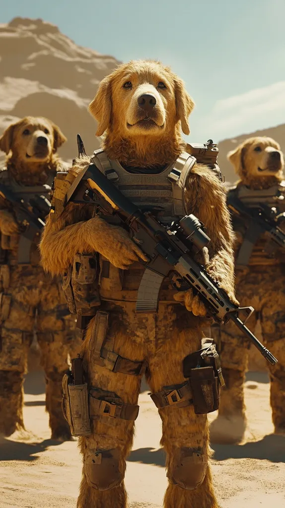 A group of golden retrievers dressed in military fatigues and armed with rifles stand in a desert. They have the serious expressions of soldiers on duty, but their furry legs and tails betray their true canine nature. The image juxtaposes the familiar image of a friendly dog with the stern reality of war.
