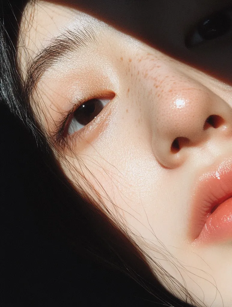 A close-up of a woman's face, partially obscured by a shadow. Her left eye is visible, with a natural, subtle makeup look. Her skin is fair, with freckles and a hint of shine from the light. Her lips are painted a soft, peachy pink. The overall tone of the image is soft and delicate, with a focus on the woman's natural beauty.