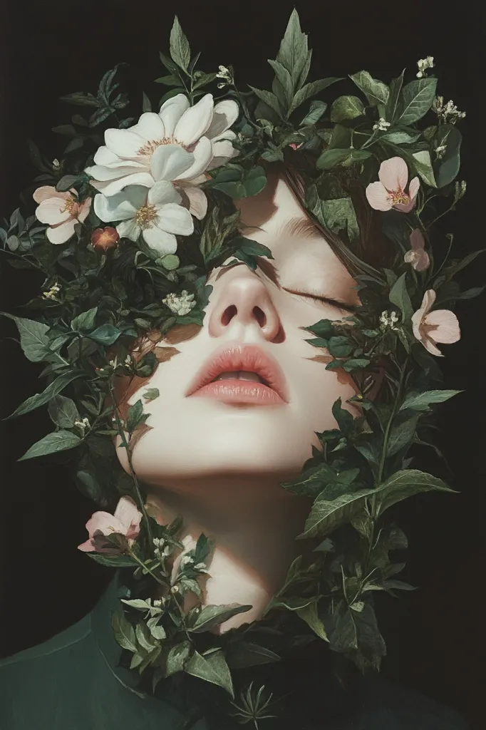 A woman's face is partially obscured by a lush crown of green leaves and delicate white and pink flowers. Her eyes are closed, and her lips are slightly parted, suggesting a state of peace or reverie. The image is rendered in a realistic style, with soft shadows and highlights that give the flowers and skin a lifelike quality. The overall effect is ethereal and romantic.
