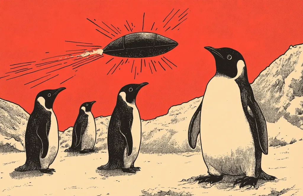 Four penguins stand on a snowy landscape under a red sky. A flying saucer hovers above, emitting a beam of light. The penguins look up at the saucer with curiosity and a hint of fear.  The image is a humorous and whimsical illustration of the encounter between penguins and extraterrestrials.